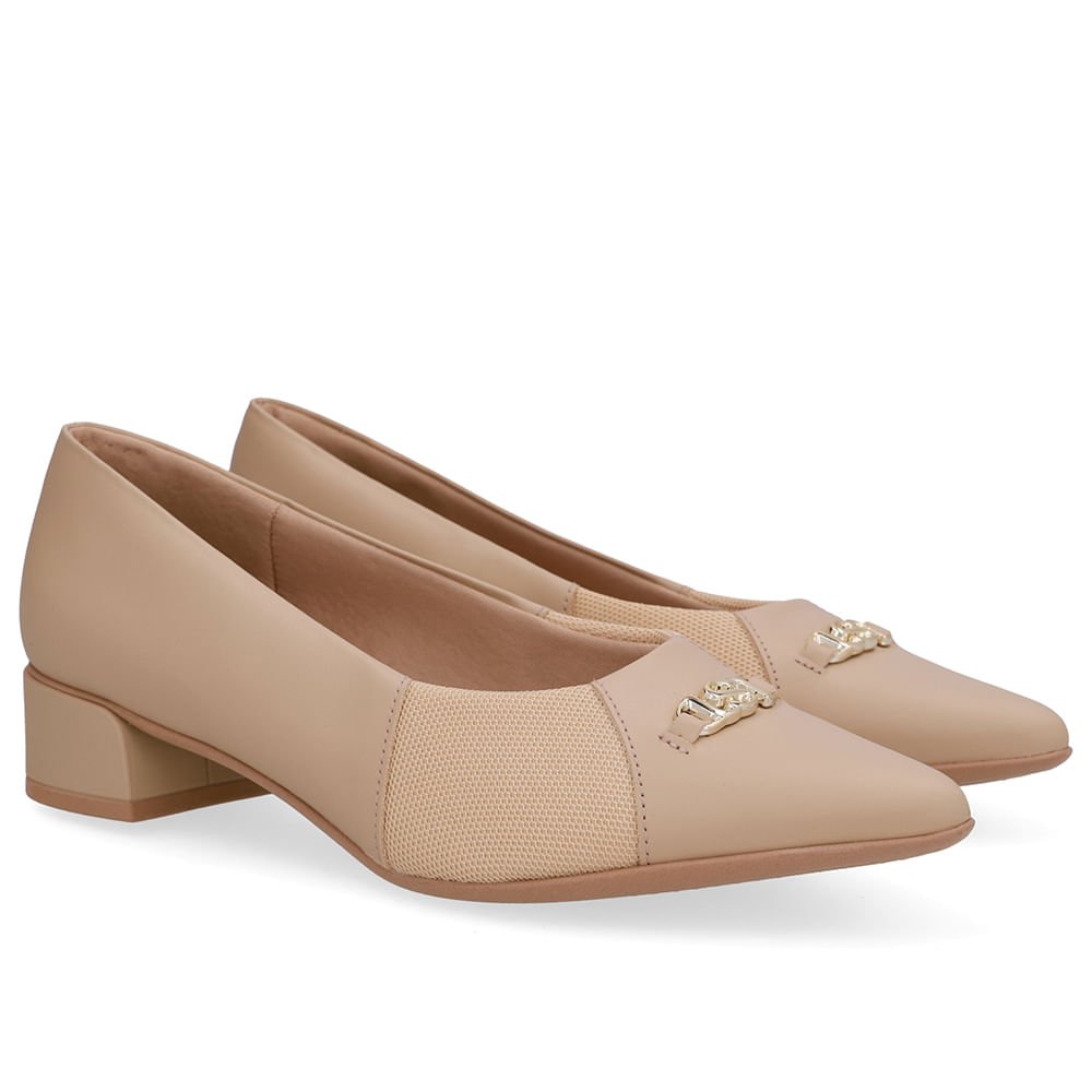 Scarpin Bege Salto Bloco Couro Lateral Tecido Bege 2