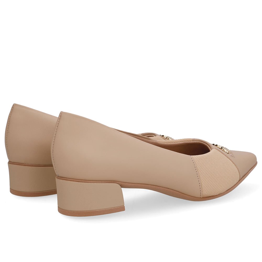 Scarpin Bege Salto Bloco Couro Lateral Tecido Bege 3