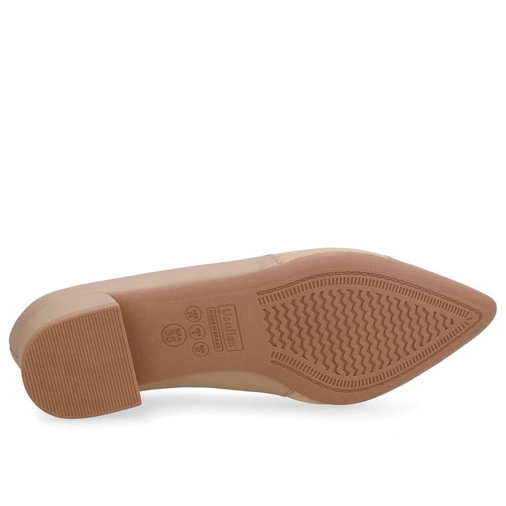 Scarpin Bege Salto Bloco Couro Lateral Tecido Bege 5