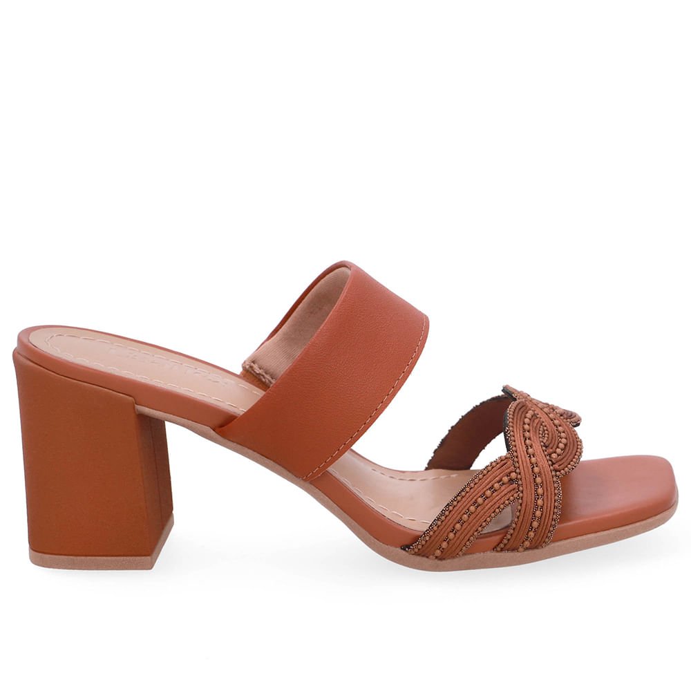 Tamanco Salto Bloco Couro Marrom Miçanga