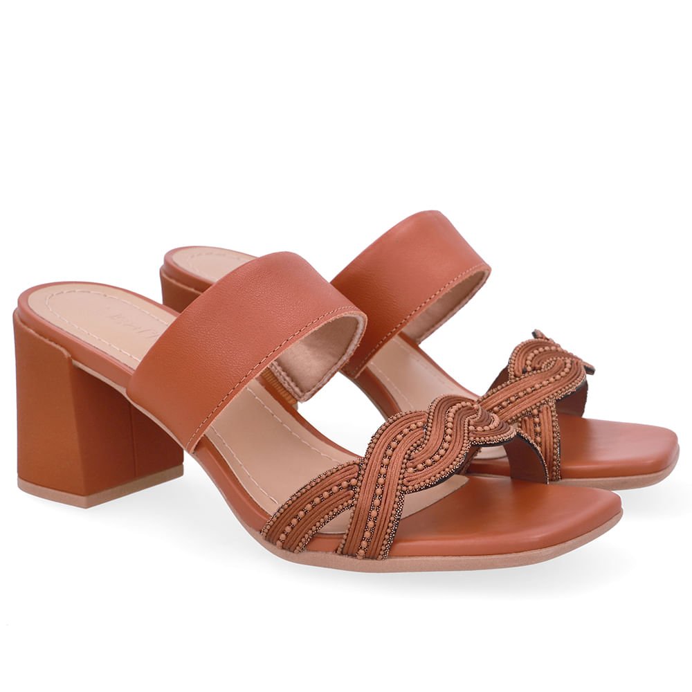 Tamanco Salto Bloco Couro Marrom Miçanga Marrom 2