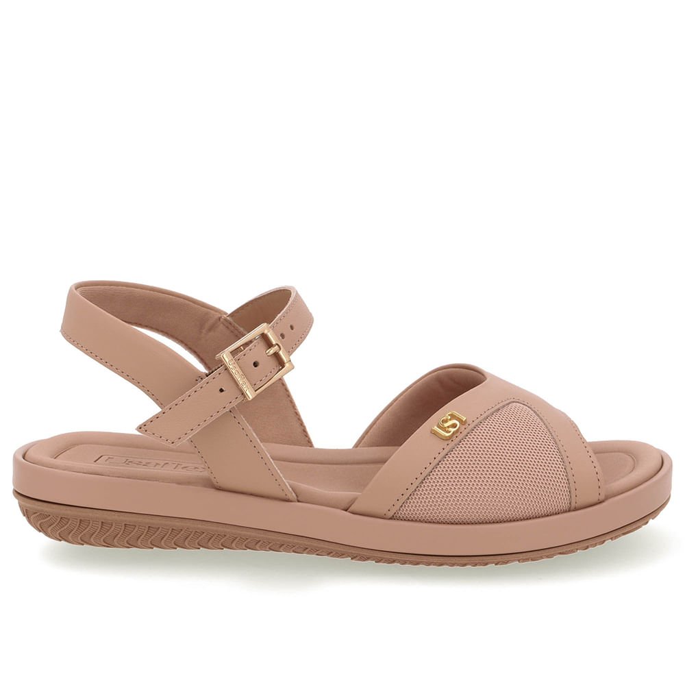 Sandália Salto Baixo Couro Bege Lateral Tecido