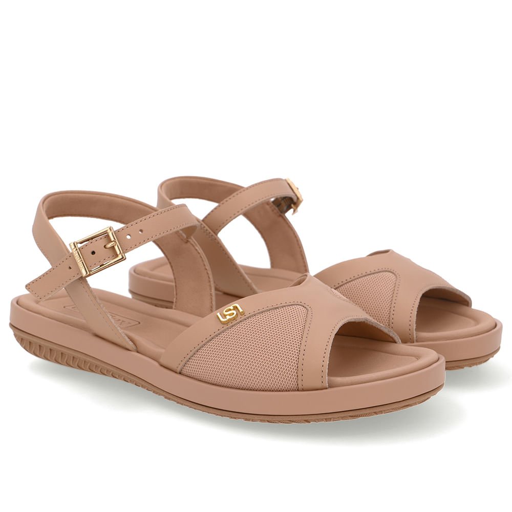 Sandália Salto Baixo Couro Bege Lateral Tecido Bege 2