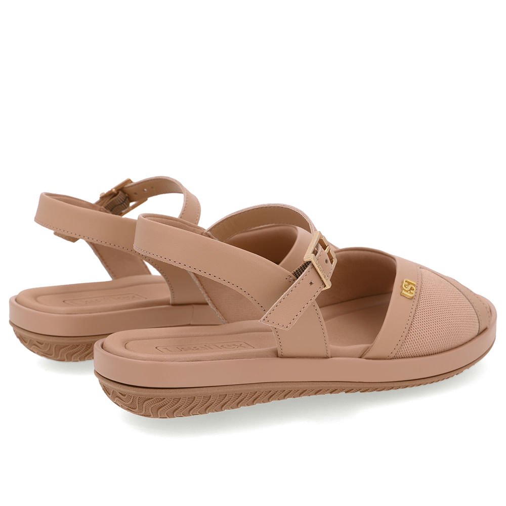 Sandália Salto Baixo Couro Bege Lateral Tecido Bege 3