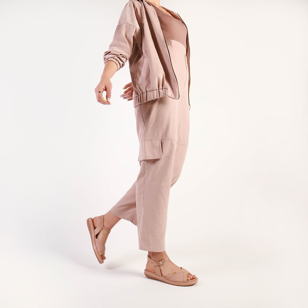 Sandália Salto Baixo Couro Bege Lateral Tecido Bege 4