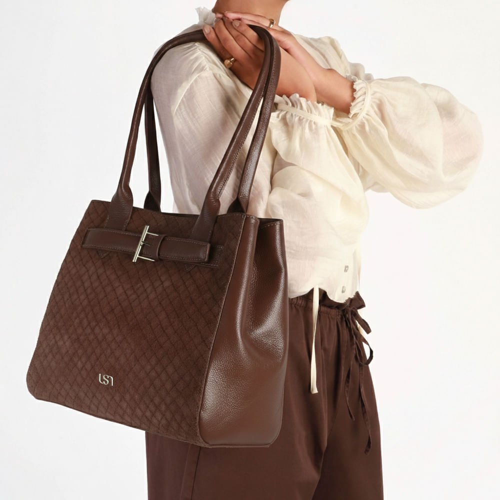 Bolsa Shopper Couro Camurça Matelassê Marrom Marrom 5