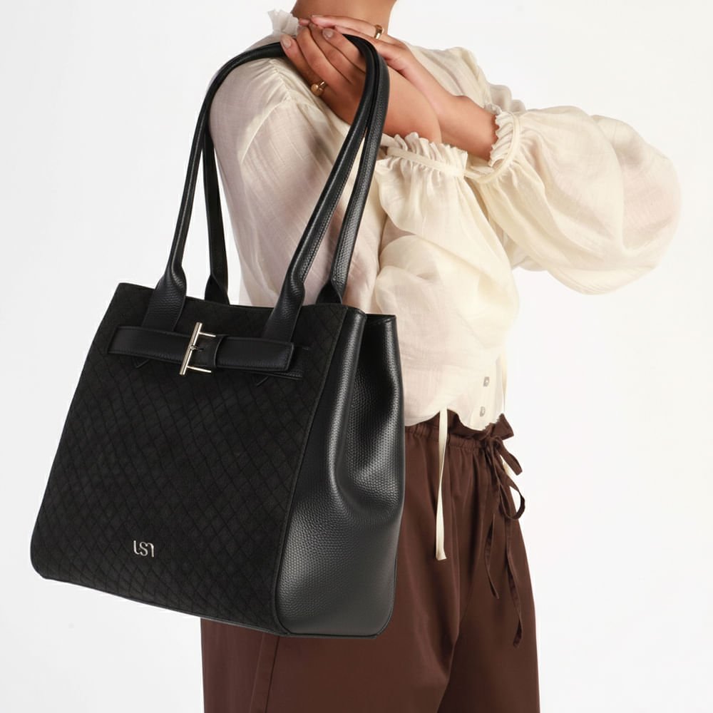 Bolsa Shopper Couro Camurça Matelassê Preta Preto 5