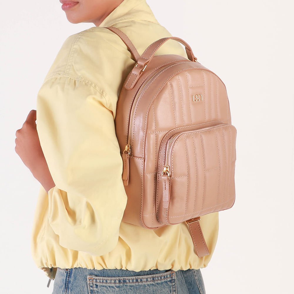 Mochila Couro Bege Matelassê Bolsa Frontal Bege 5