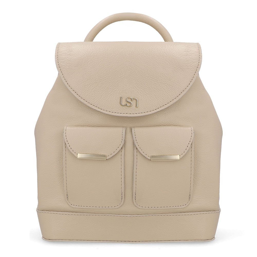 Mochila Couro Bege Bolso Frontal