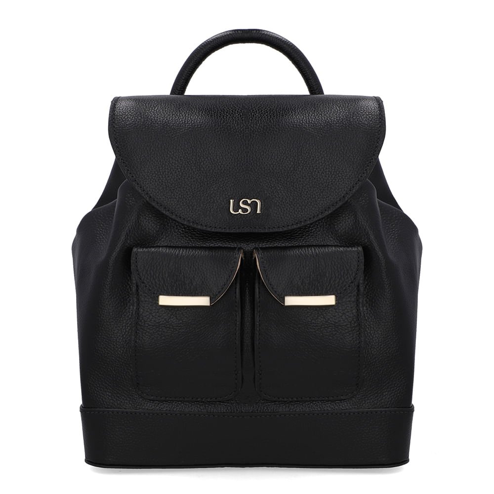 Mochila Couro Preta Bolso Frontal