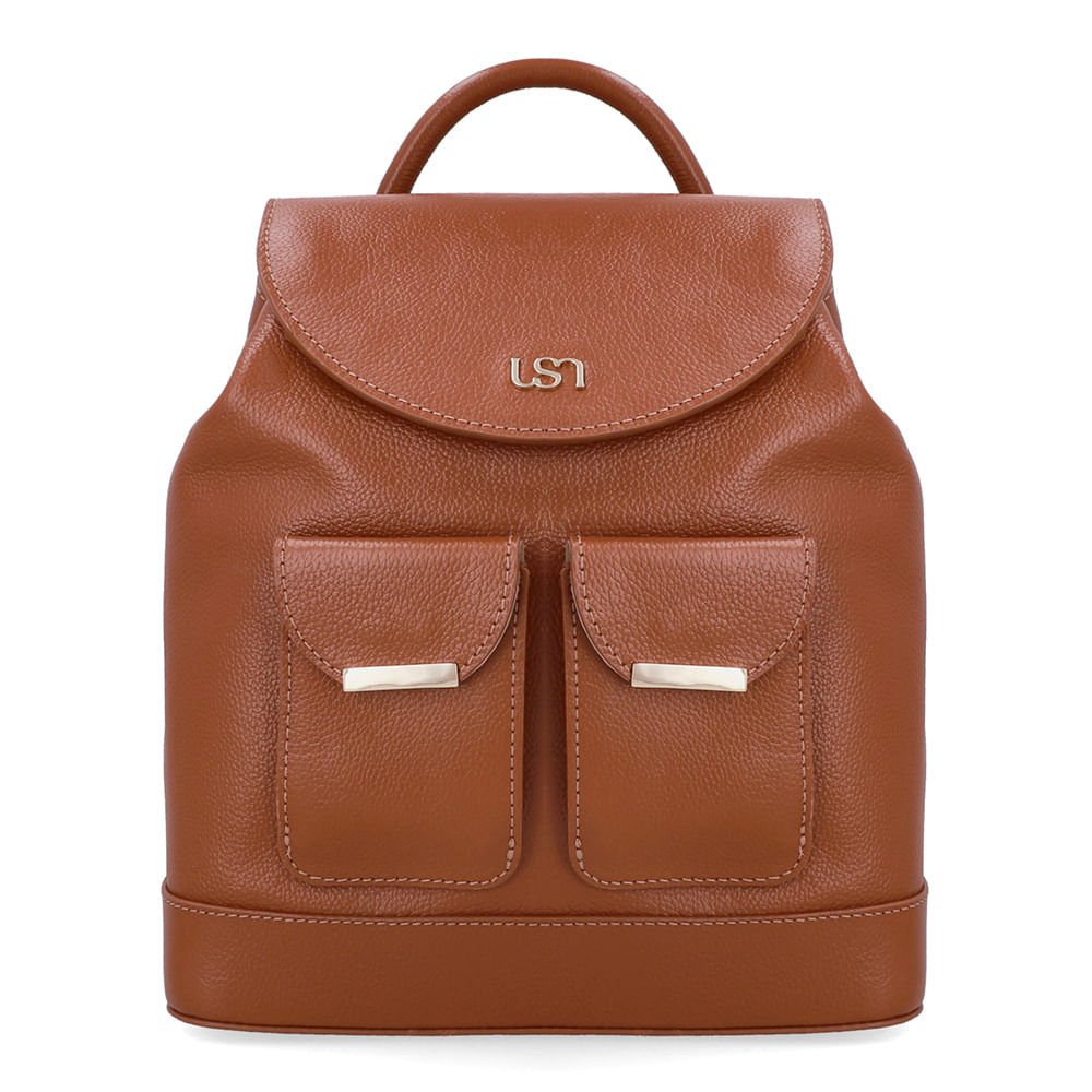 Mochila Couro Marrom Bolso Frontal
