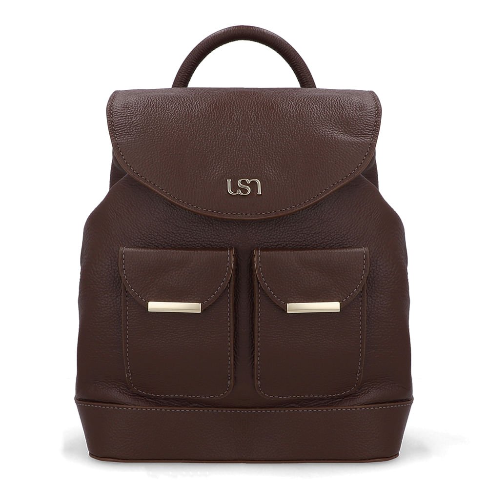 Mochila Couro Marrom Bolso Frontal