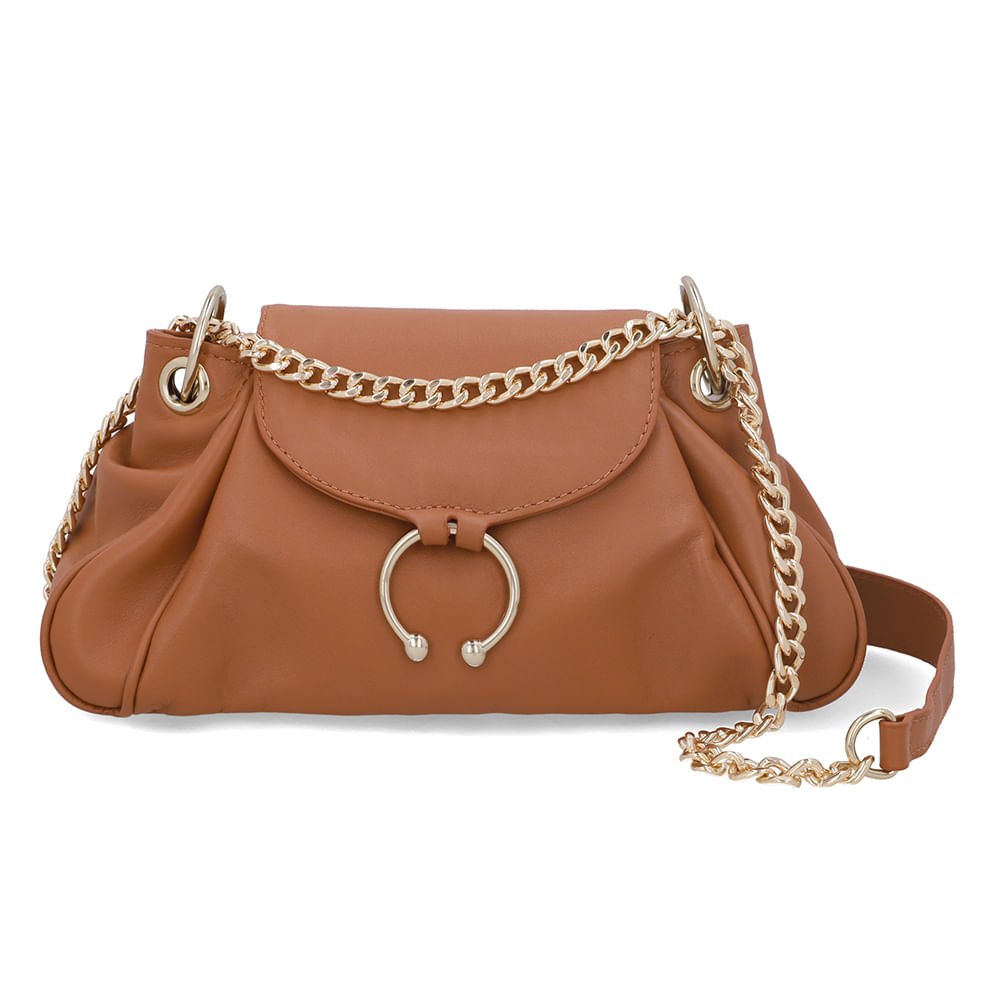 Bolsa Baguete Couro Marrom Alça Corrente