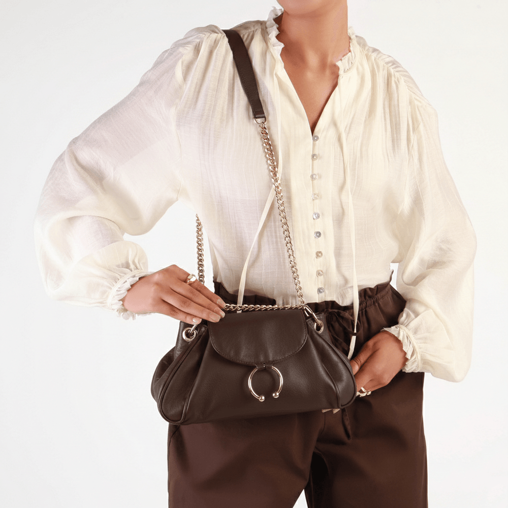 Bolsa Baguete Couro Marrom Alça Corrente Marrom 4
