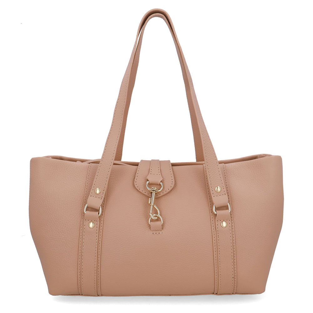 Bolsa Shopper Couro Bege Zíper Mosquetão