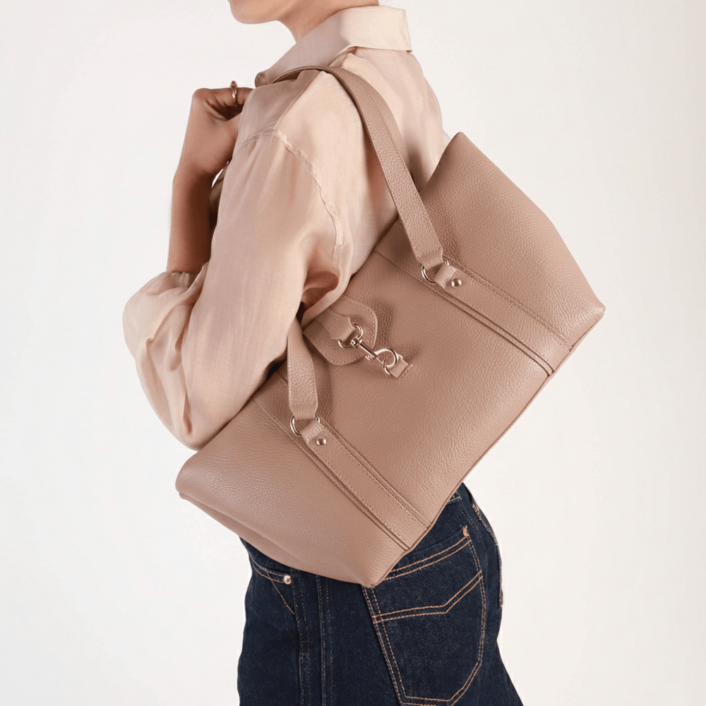 Bolsa Shopper Couro Bege Zíper Mosquetão Bege 4