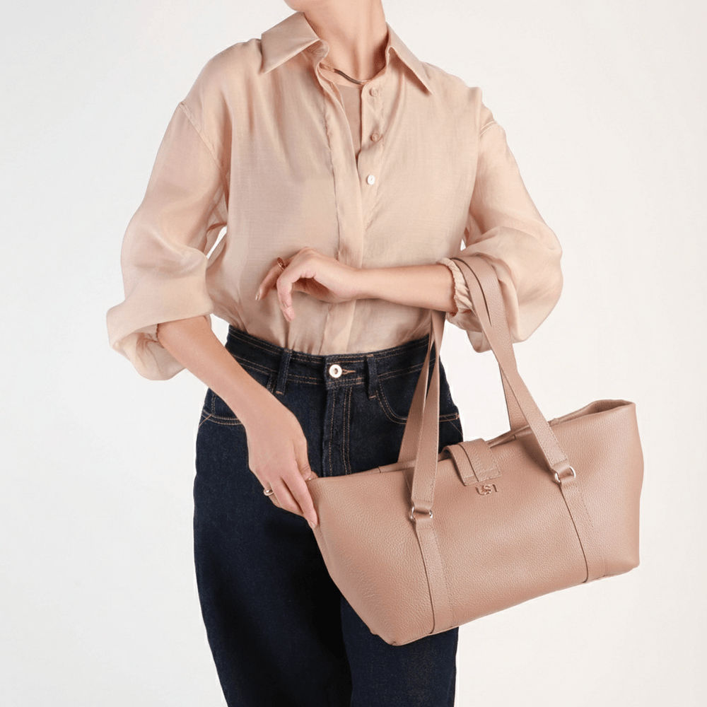 Bolsa Shopper Couro Bege Zíper Mosquetão Bege 5