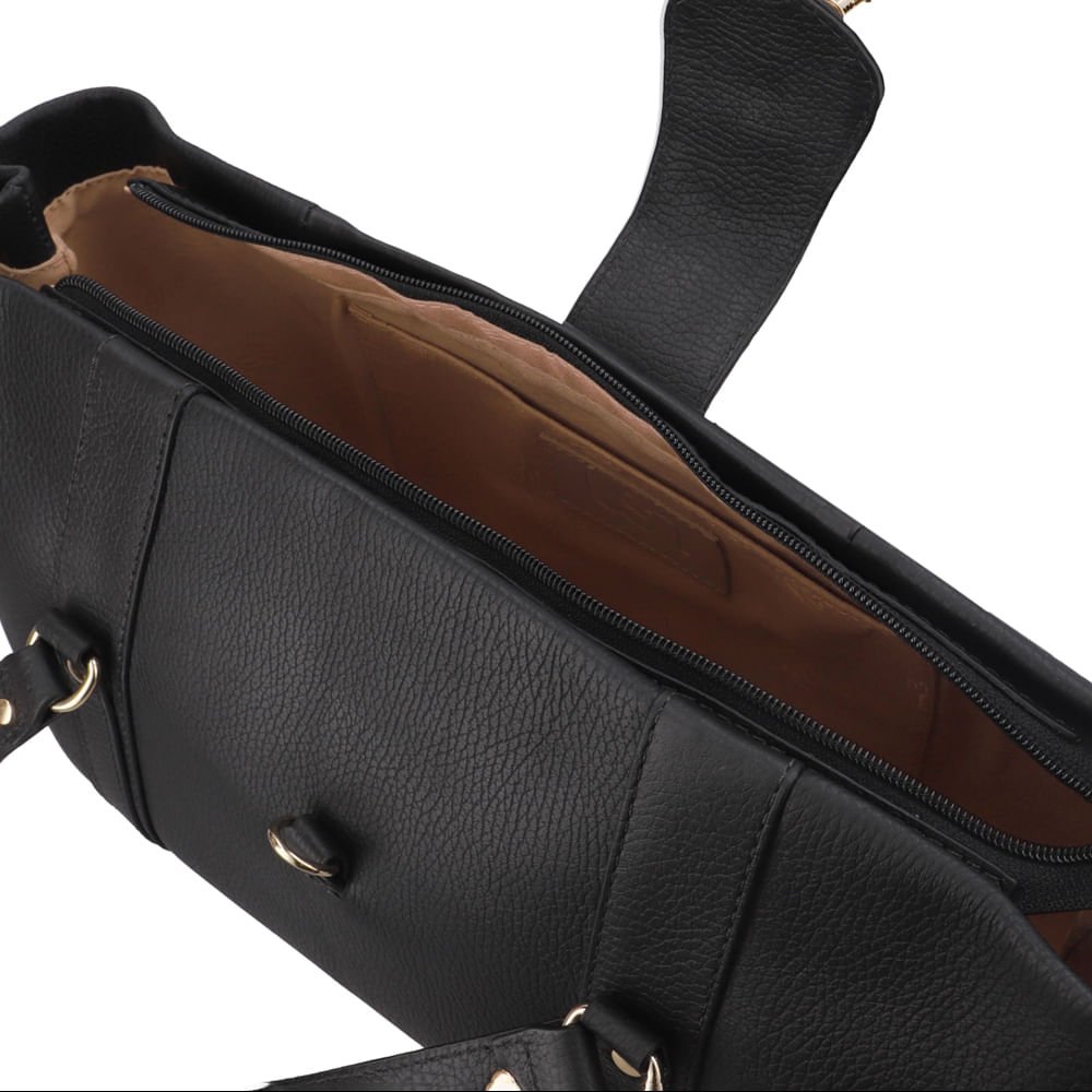 Bolsa Shopper Couro Preta Zíper Mosquetão Preto 3