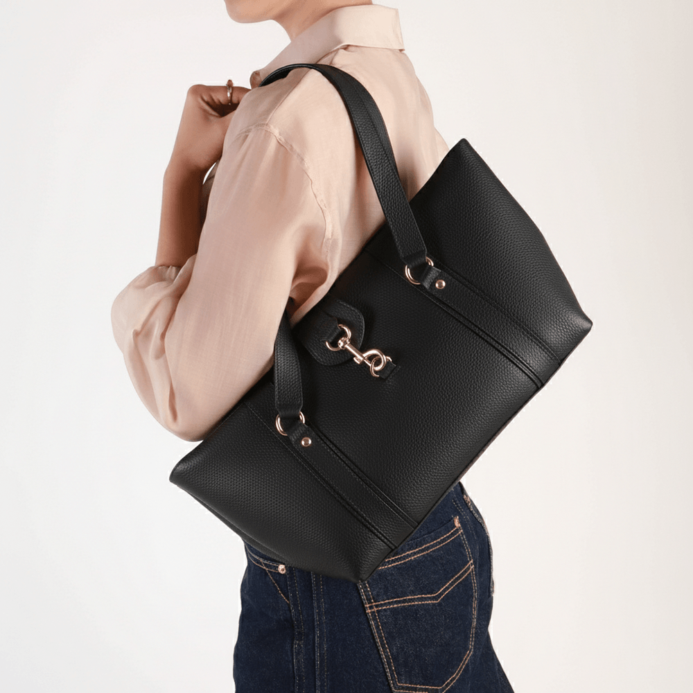 Bolsa Shopper Couro Preta Zíper Mosquetão Preto 4