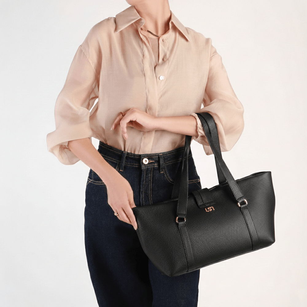 Bolsa Shopper Couro Preta Zíper Mosquetão Preto 5