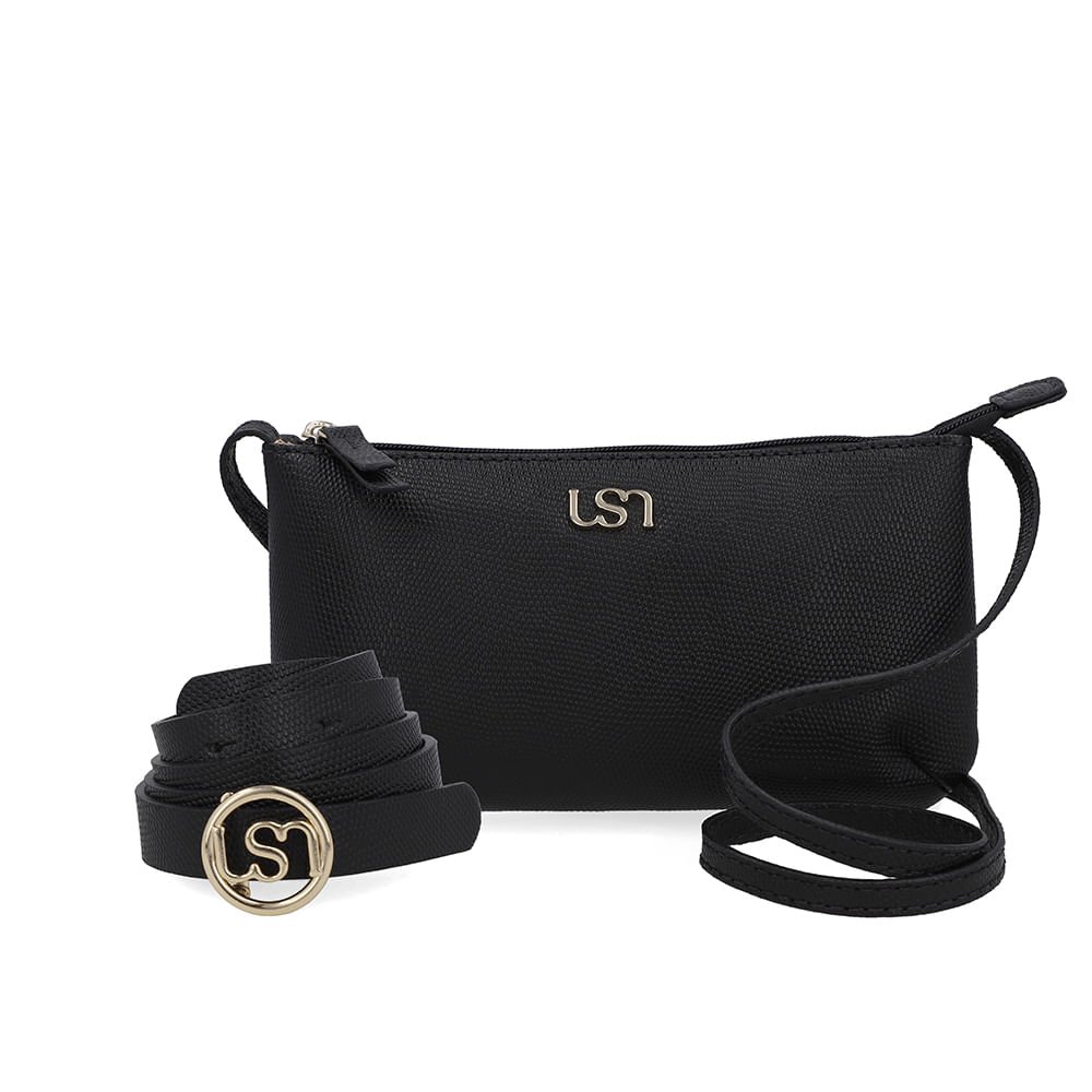 Kit Bolsa Tiracolo Cinto Couro Preto