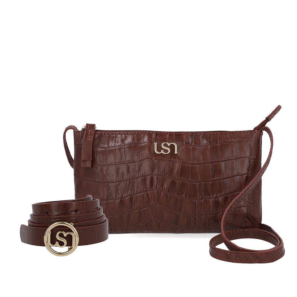 Kit Bolsa Tiracolo Cinto Couro Croco Vermelho