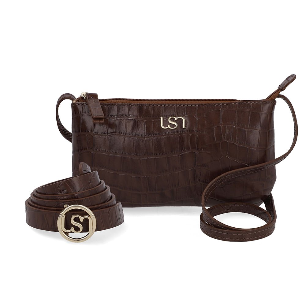 Kit Bolsa Tiracolo Cinto Couro Croco Marrom