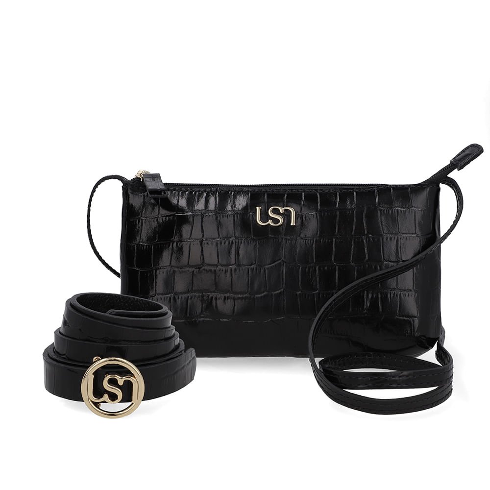 Kit Bolsa Tiracolo Cinto Couro Croco Preto