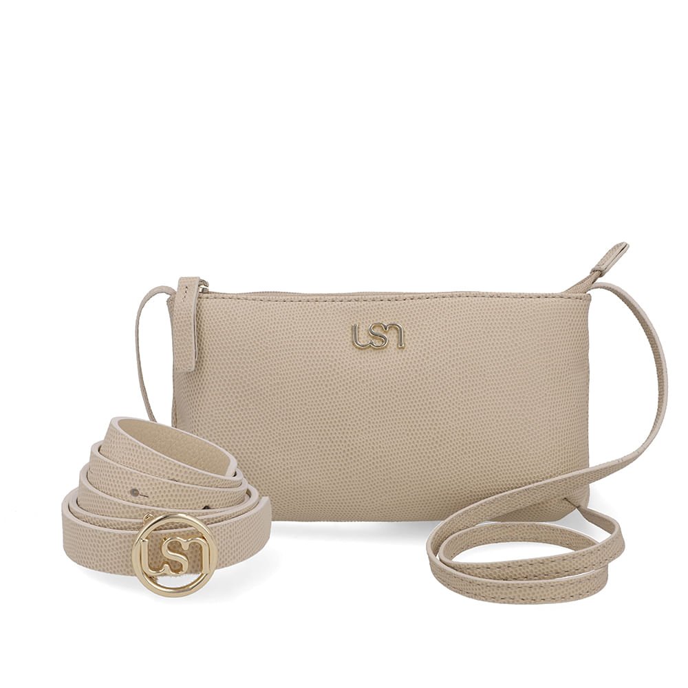 Kit Bolsa Tiracolo Cinto Couro Bege