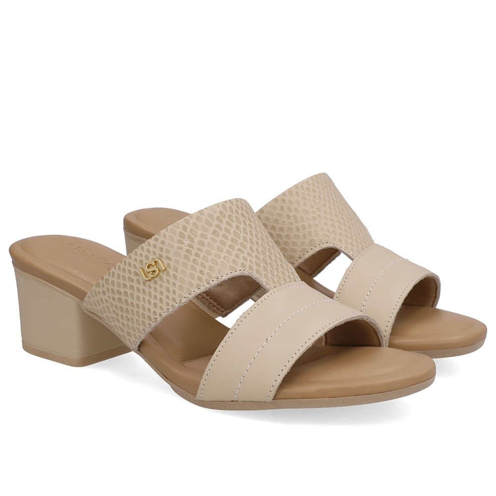 Tamanco Salto Bloco Couro Bege Bege 2