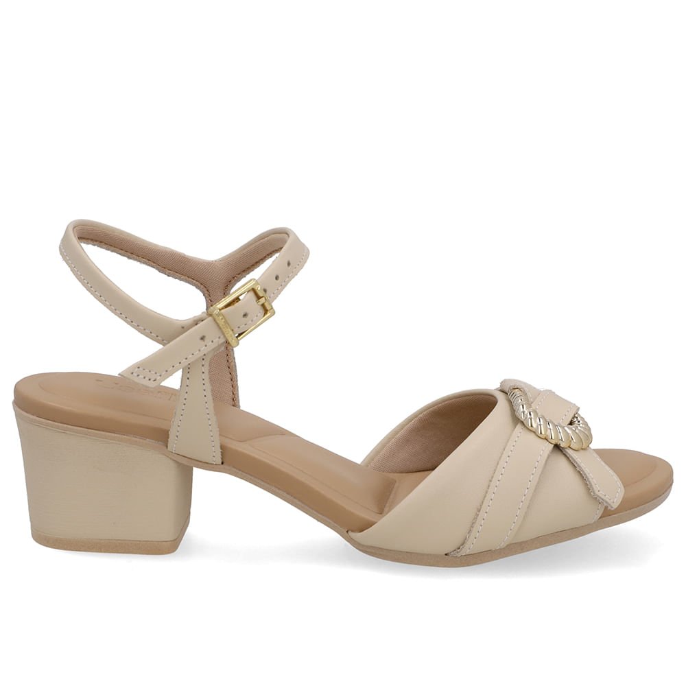 Sandália Salto Bloco Couro Bege Enfeite