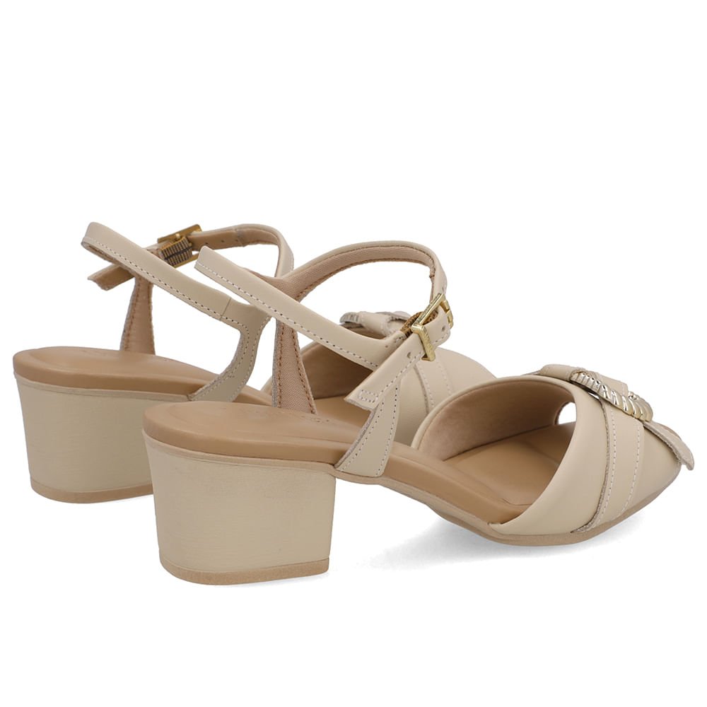 Sandália Salto Bloco Couro Bege Enfeite Bege 3