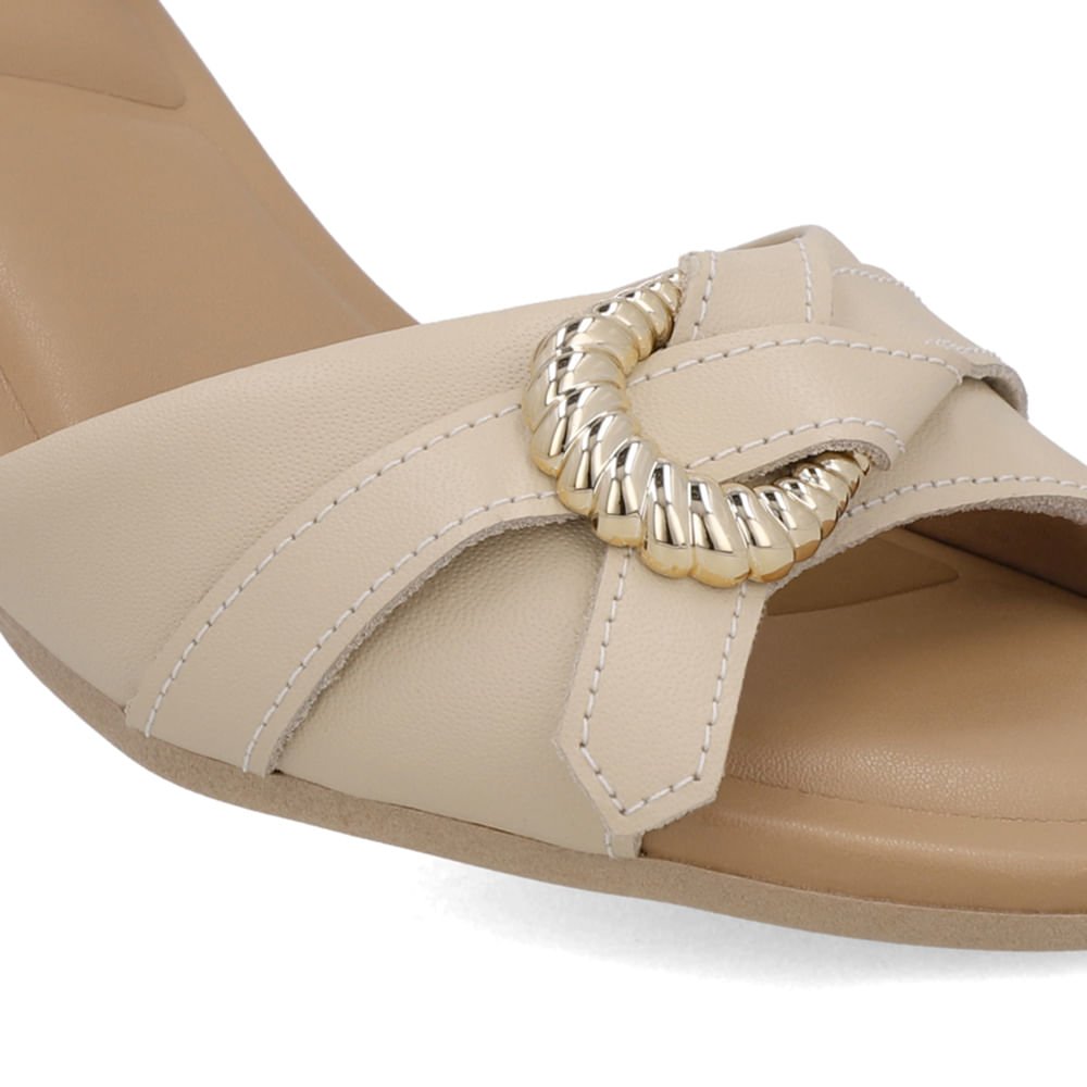 Sandália Salto Bloco Couro Bege Enfeite Bege 4
