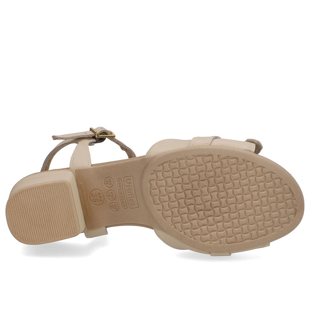 Sandália Salto Bloco Couro Bege Enfeite Bege 5