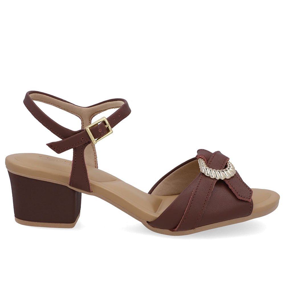 Sandália Salto Bloco Couro Vermelha Enfeite