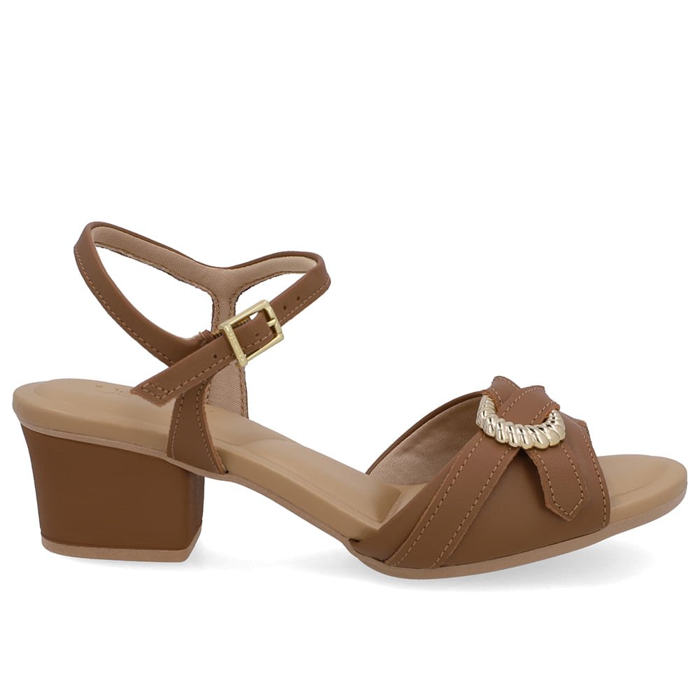 Sandália Salto Bloco Couro Marrom Enfeite