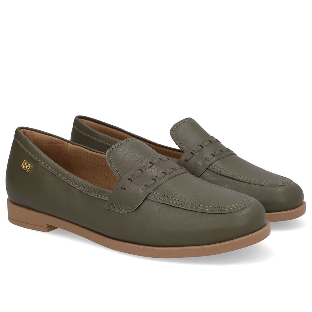 Loafer Couro Verde Oliva Pesponto Verde 2