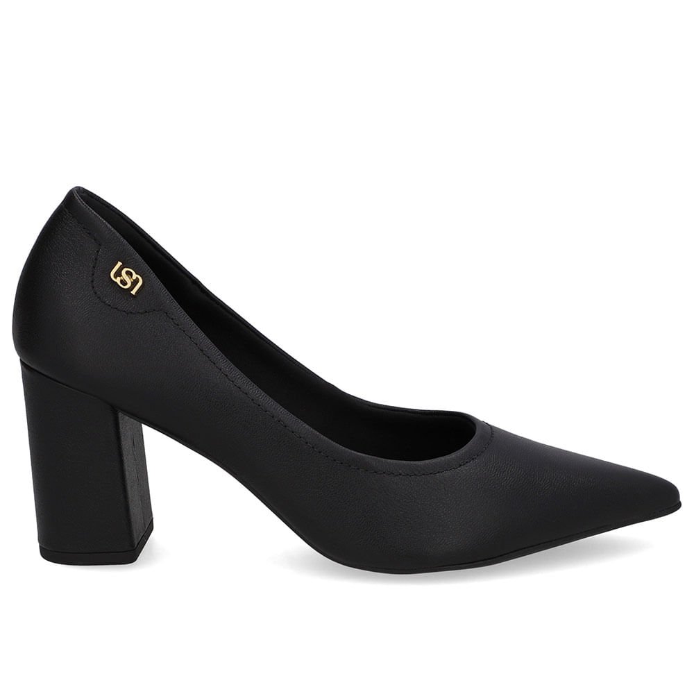 Scarpin Preto Salto Bloco Couro Bico Fino