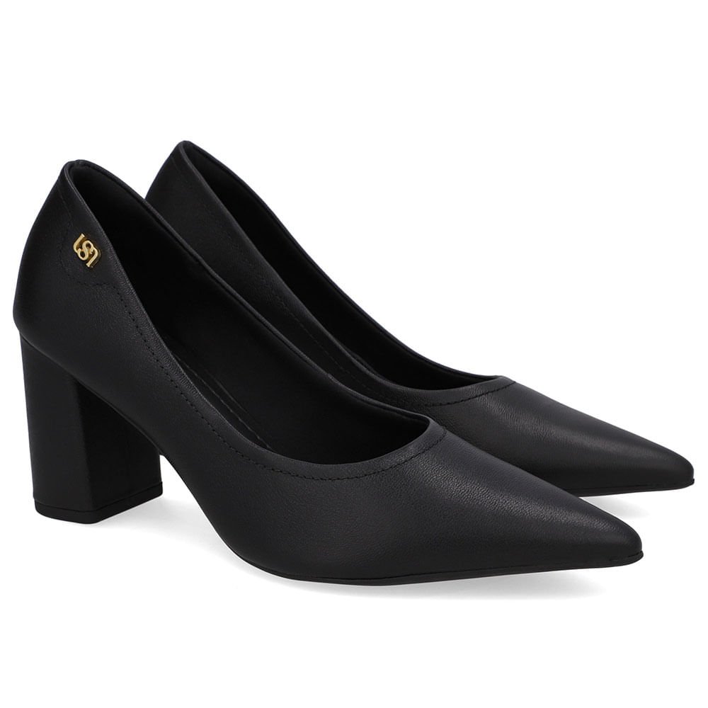 Scarpin Preto Salto Bloco Couro Bico Fino Preto 2