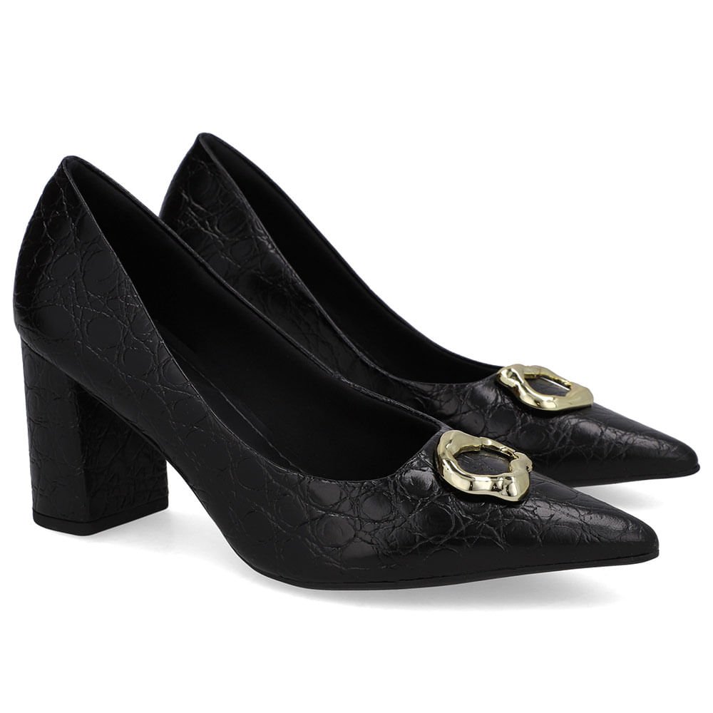 Scarpin Preto Couro Croco Bico Fino Preto 2