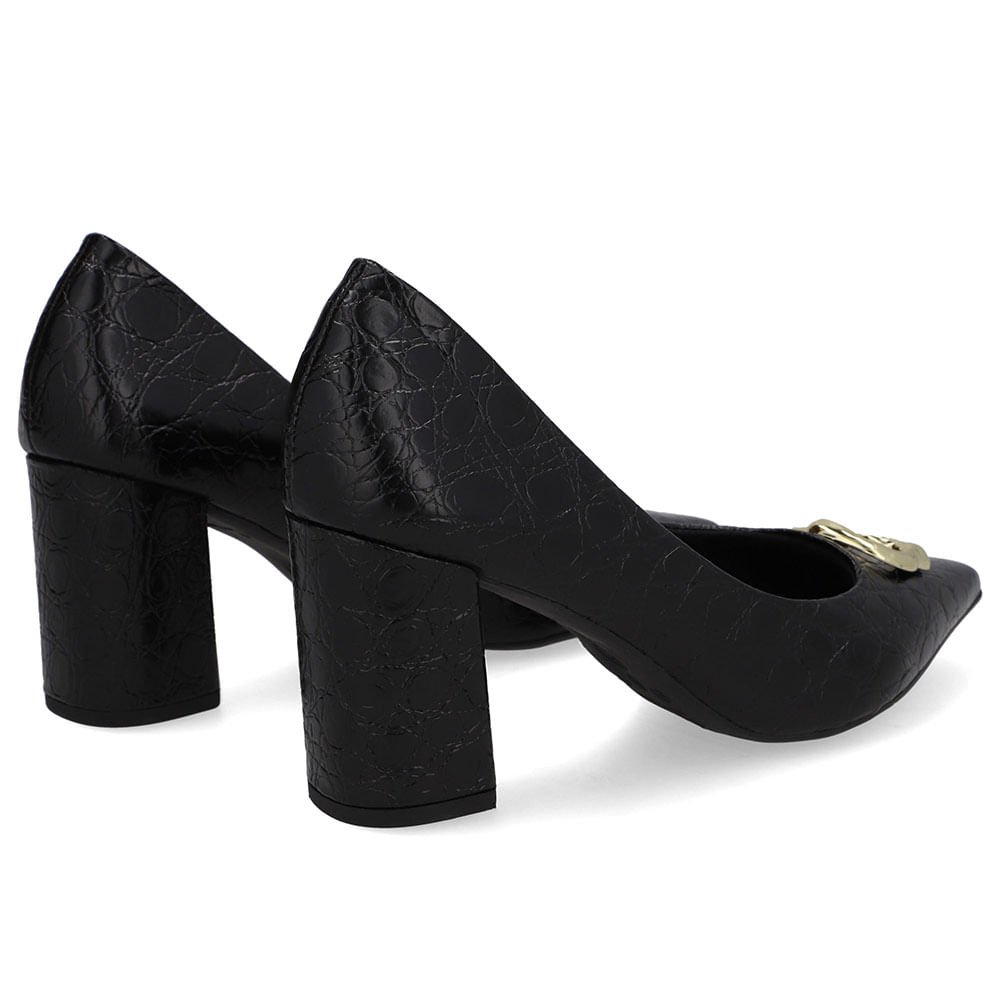 Scarpin Preto Couro Croco Bico Fino Preto 3