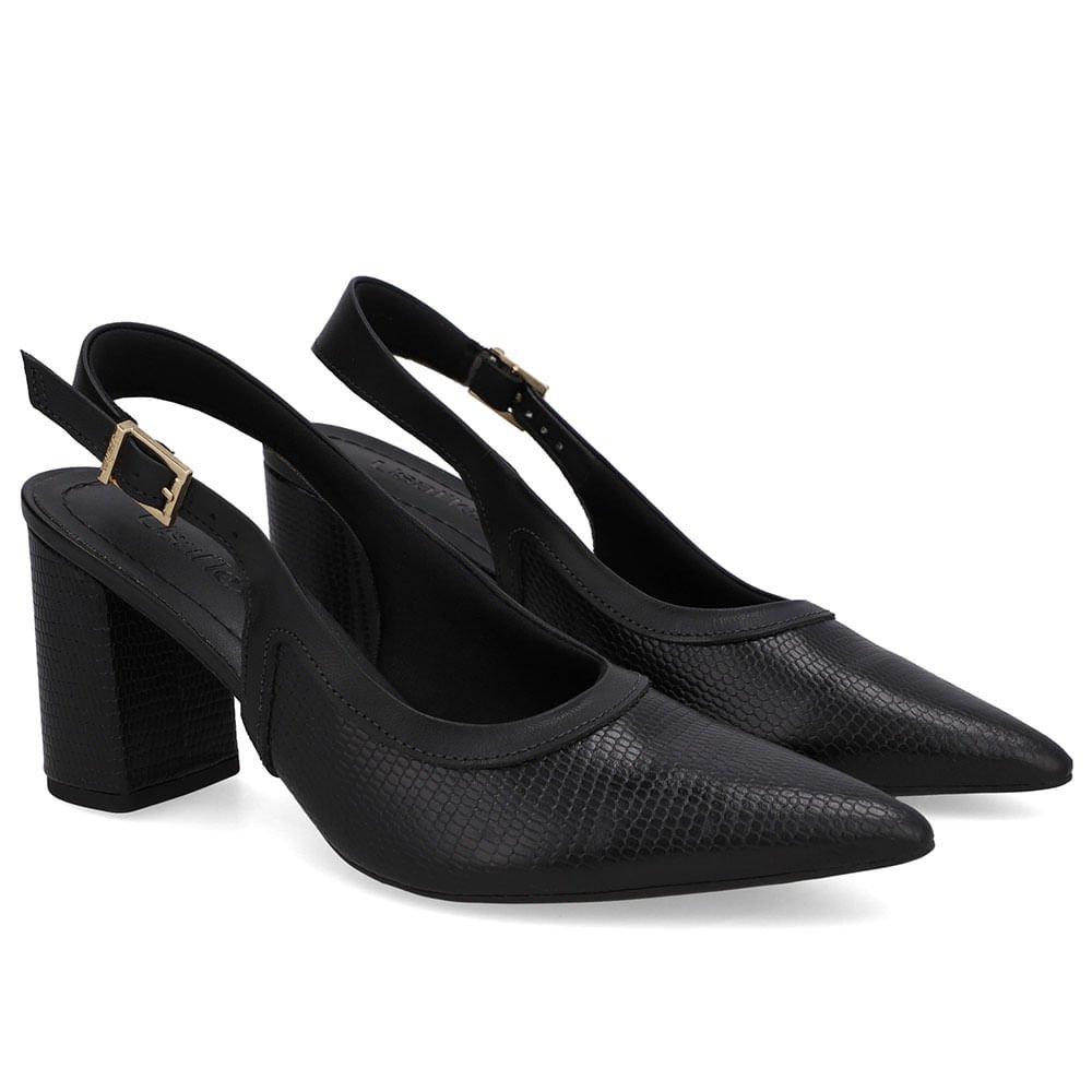 Slingback Preto Couro Bico Fino Preto 2