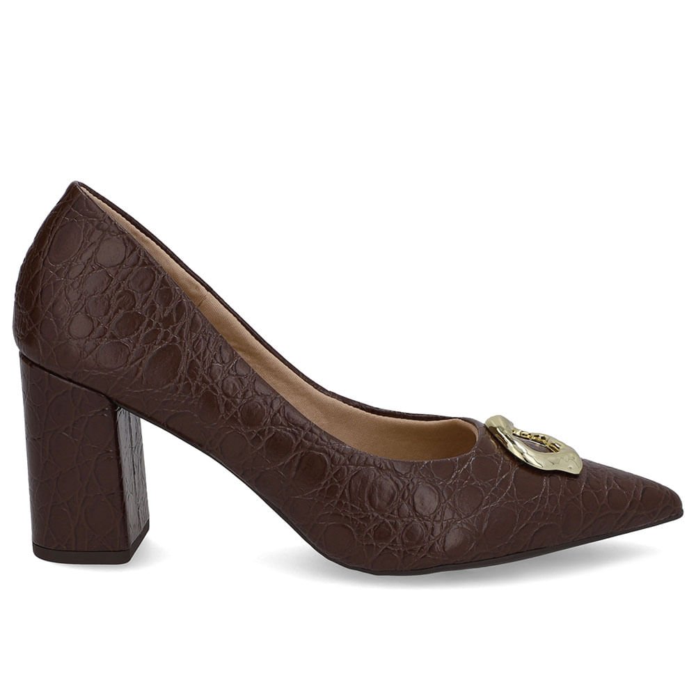 Scarpin Marrom Pinhão Couro Croco Bico Fino