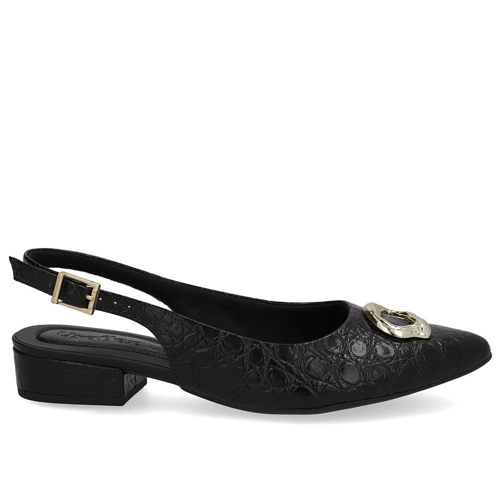Slingback Preto Couro Croco Enfeite