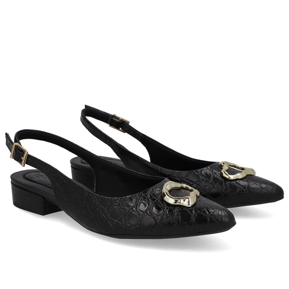 Slingback Preto Couro Croco Enfeite Preto 2