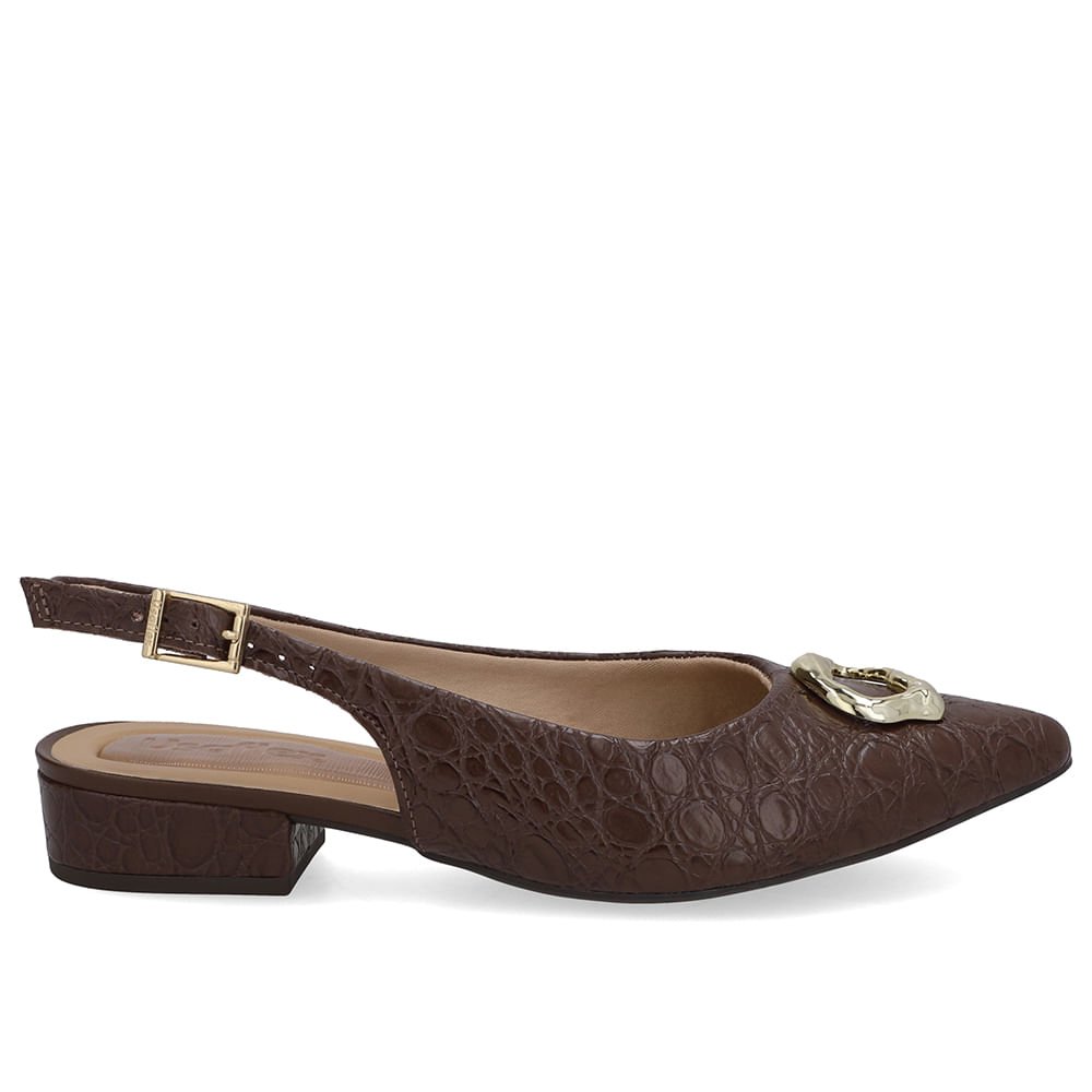 Slingback Marrom Pinhão Couro Croco Enfeite