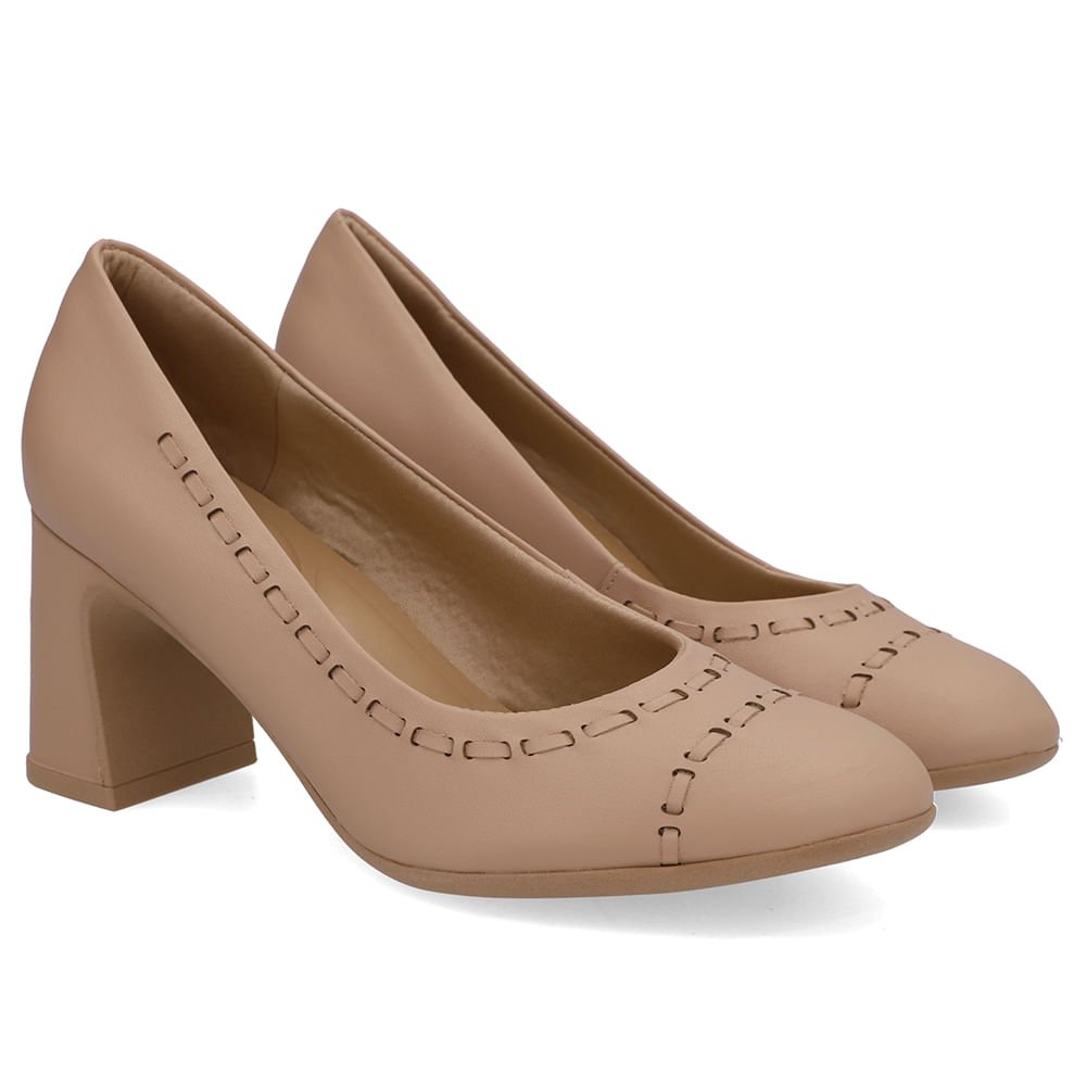 Scarpin Couro Bege Pesponto Bege 2