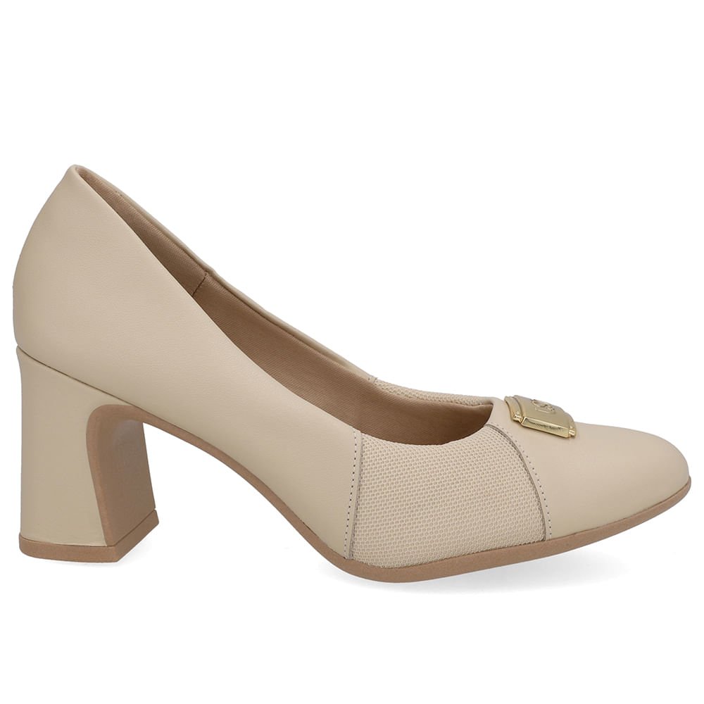Scarpin Couro Bege Lateral Tecido