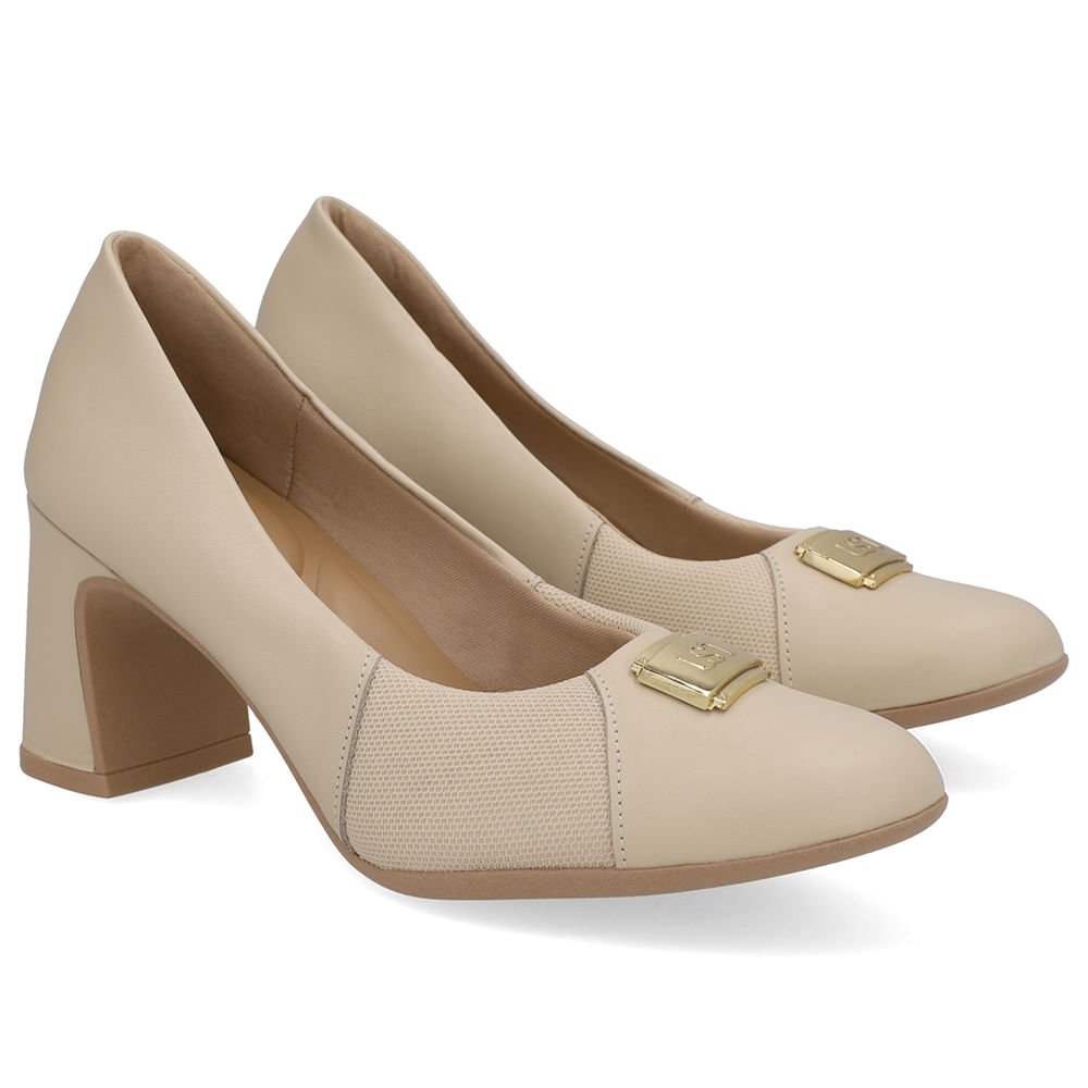 Scarpin Couro Bege Lateral Tecido Bege 2