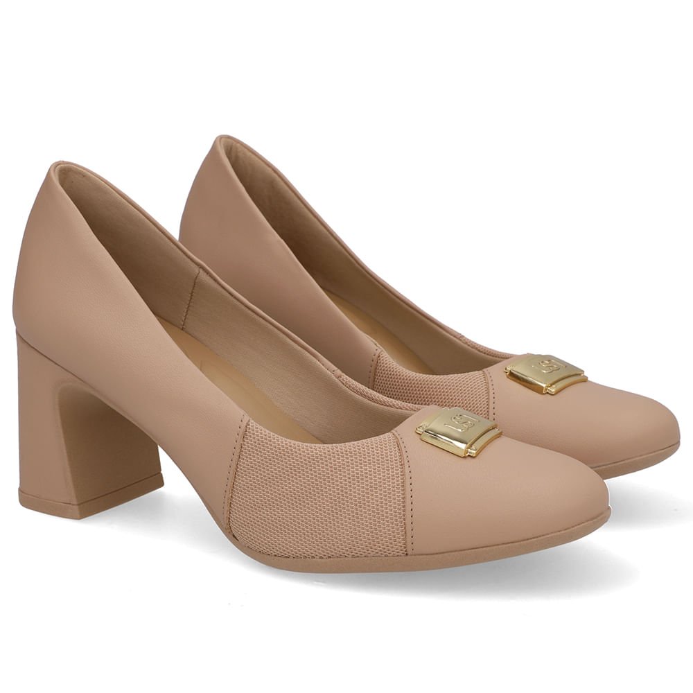 Scarpin Couro Bege Lateral Tecido Bege 2